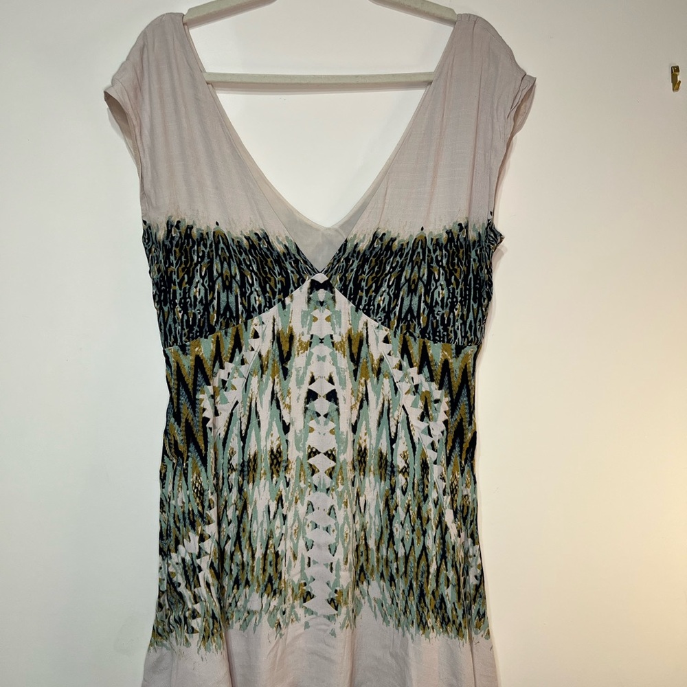 Free People - V-Neck Printed Summer Dress in Pale Pink and Teal